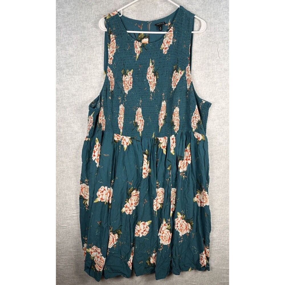 Torrid Midi Challis Smocked Floral High Neck Dress Blue Teal Plus Size 6 6X